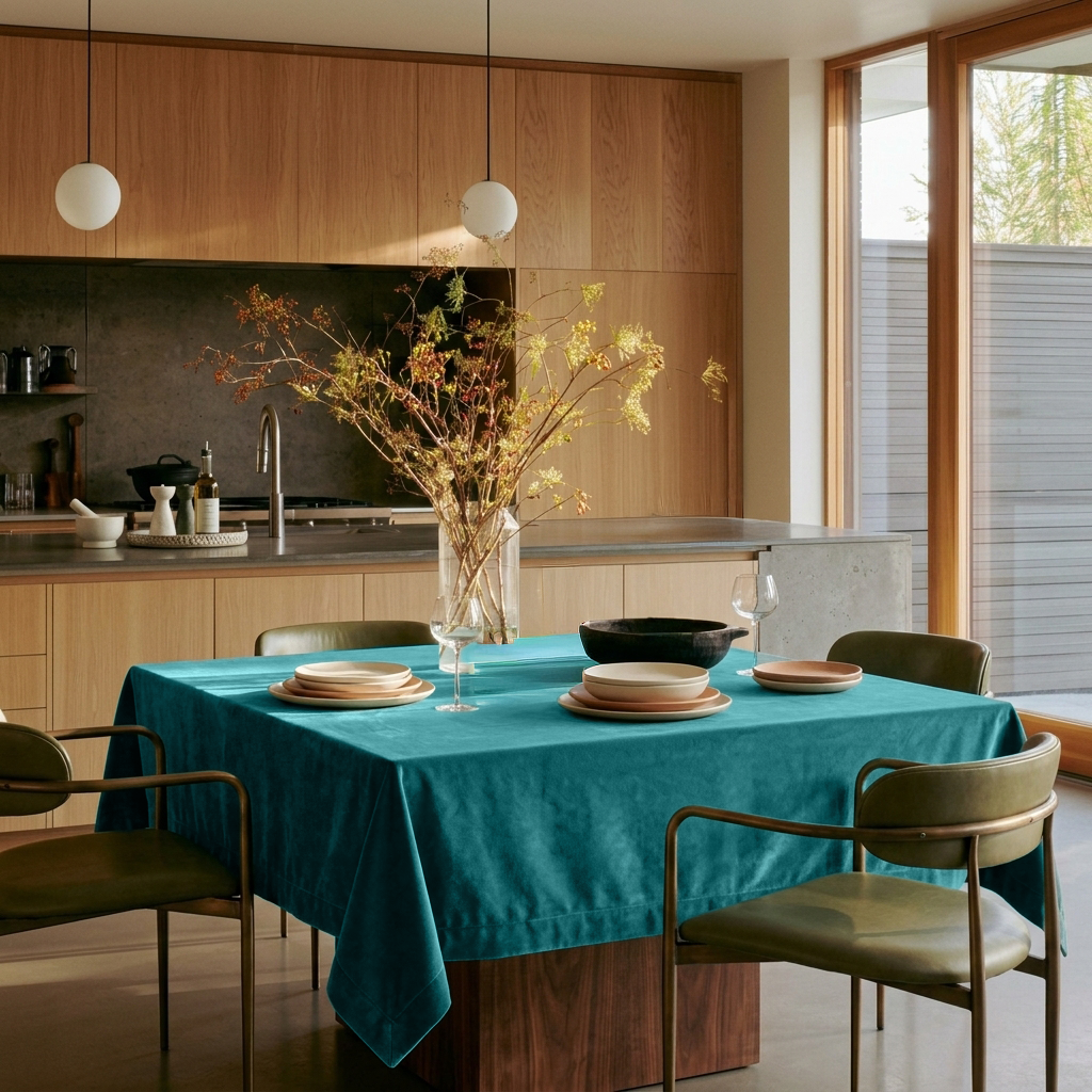 Teal Square Velvet Tablecloth in a Contemporary Kitchen with Wood Cabinetry and Green Chairs