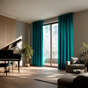 Teal Velvet Back Tab Blackout Curtains for Sliding Doors in a Living Room with Grey Walls
