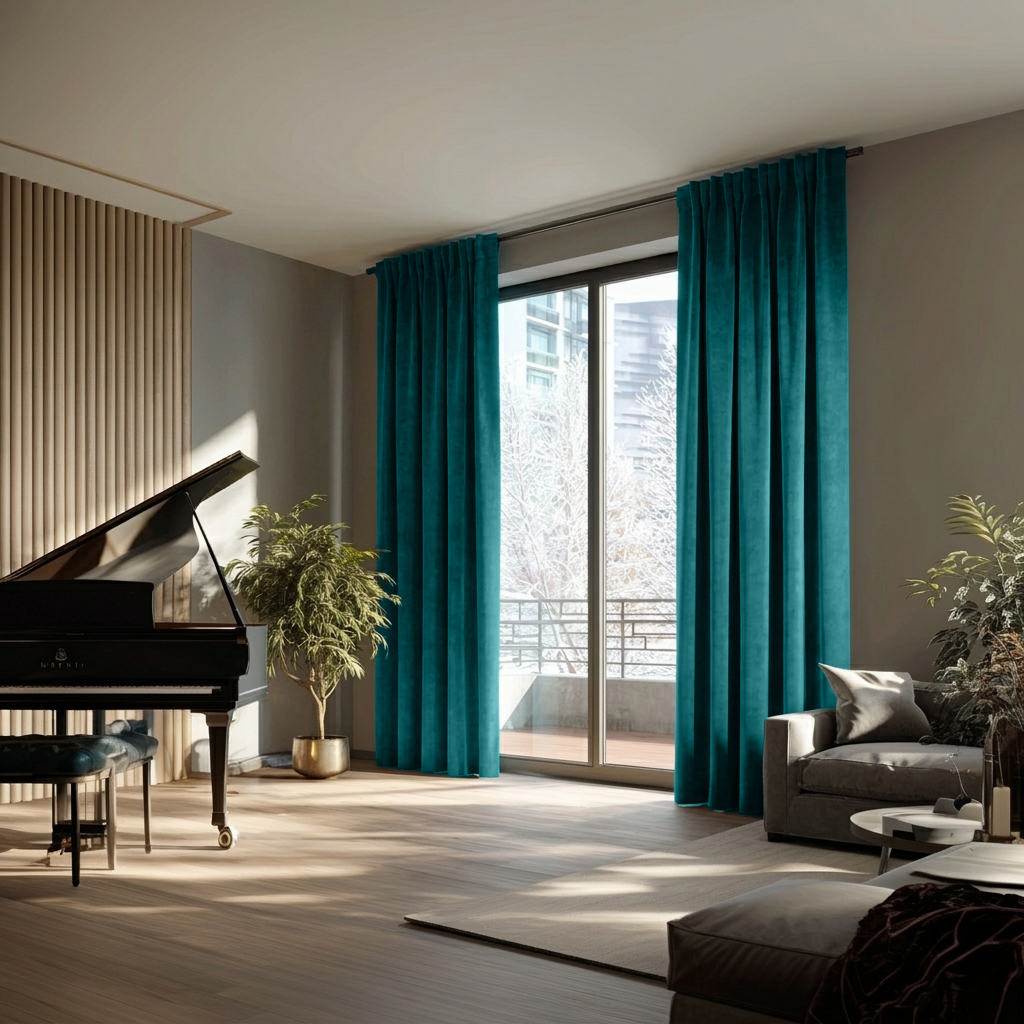 Teal Velvet Back Tab Blackout Curtains for Sliding Doors in a Living Room with Grey Walls