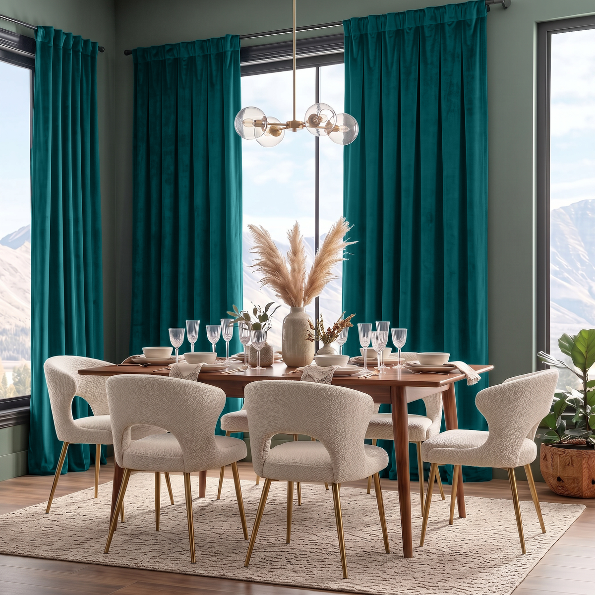 Teal Velvet Curtains in a Dining Room with Neutral Walls and a Large Brown Table, Soft White Chairs
