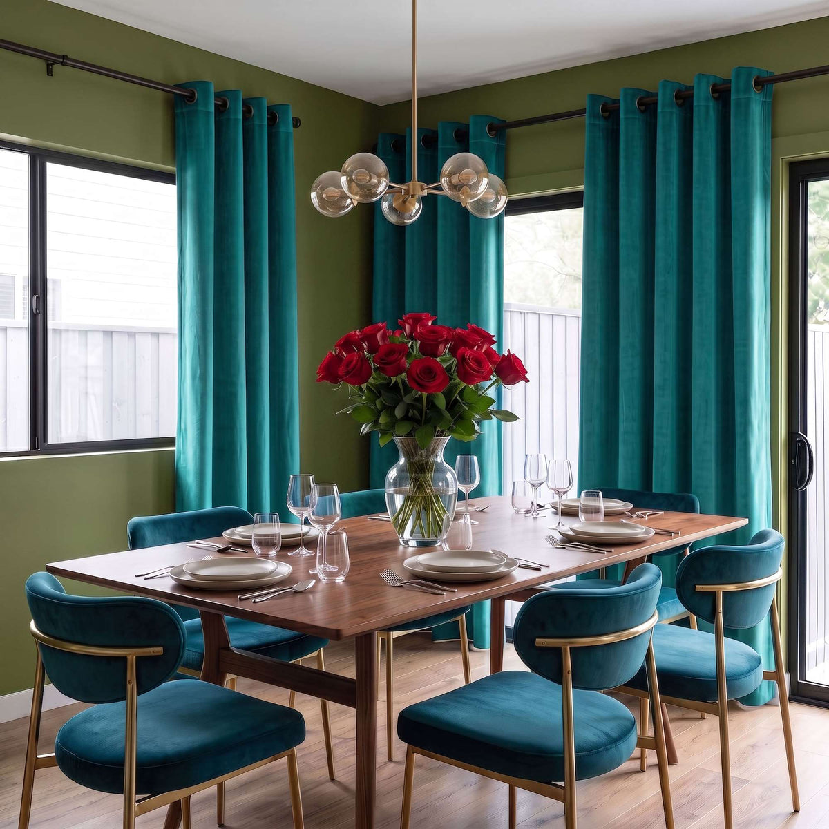 Teal Velvet Curtains in a Dining Room with Green Walls and a Large Brown Table, Soft Blue Chairs
