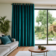 Teal Velvet Grommet Extra Long Curtains in a Modern Living Room with Grey Sofa and Garden View