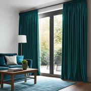 Teal Velvet Pencil Pleat Blackout Curtains for Sliding Doors in a Living Room with Off-White Walls
