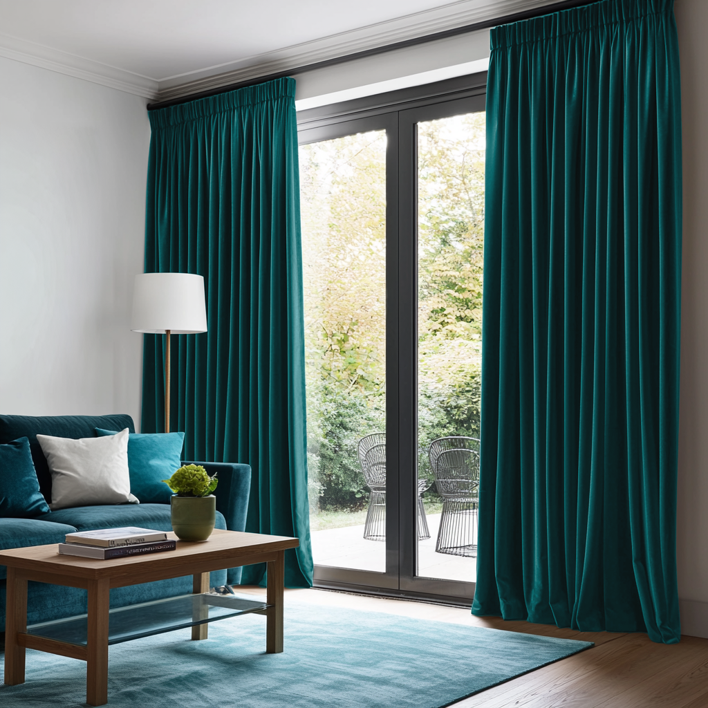 Teal Velvet Pencil Pleat Blackout Curtains for Sliding Doors in a Living Room with Off-White Walls