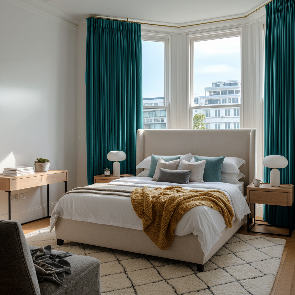 Teal Velvet Pencil Pleat Blackout Curtains in a Bedroom with White Walls