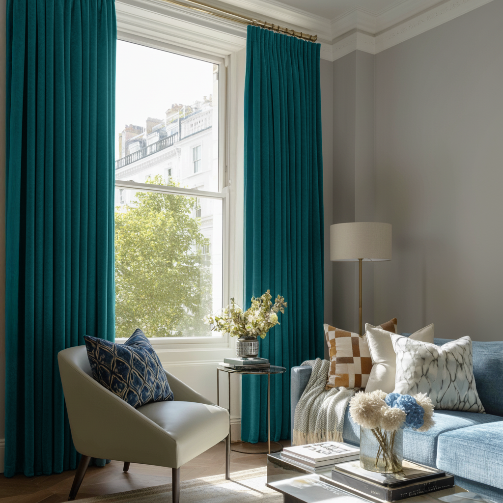 Teal Velvet Pencil Pleat Blackout Curtains in a Living Room with Grey Walls