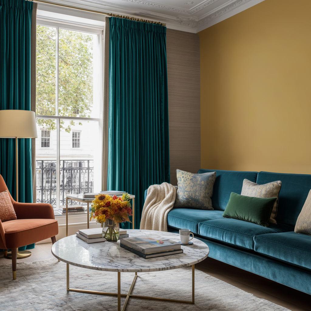 Teal Velvet Pencil Pleat Blackout Curtains in a Living Room with Mustard Yellow Walls