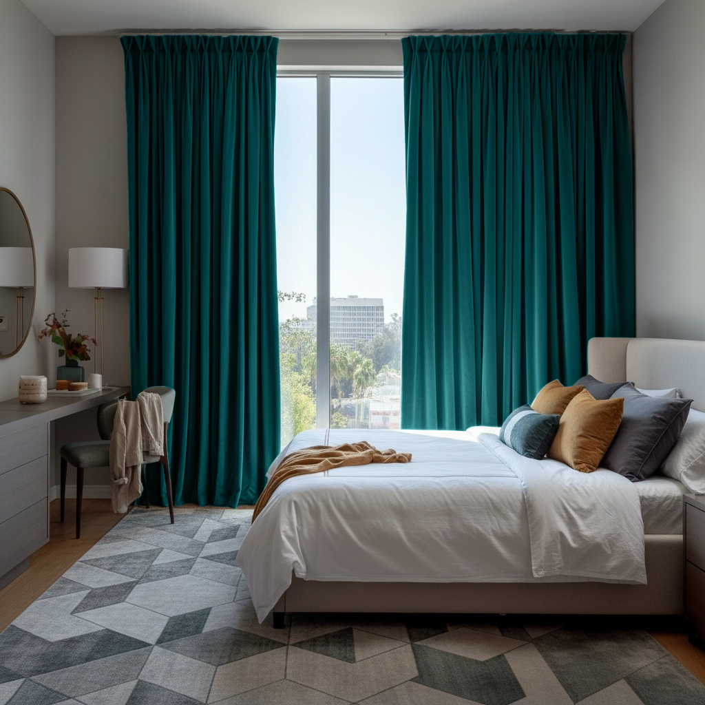 Teal Velvet Pinch Pleat Blackout Curtains in a Bedroom with Grey Walls