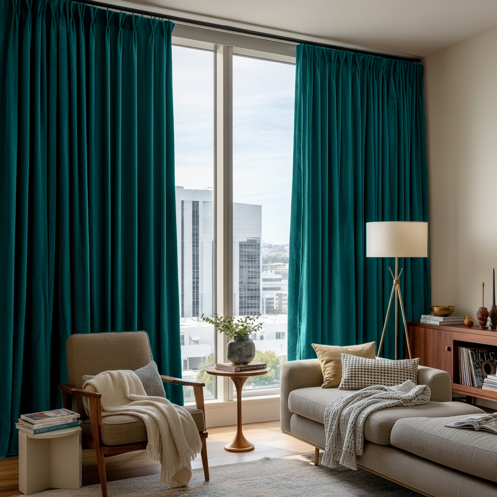 Teal Velvet Pinch Pleat Blackout Curtains in a Living Room with Cream Walls