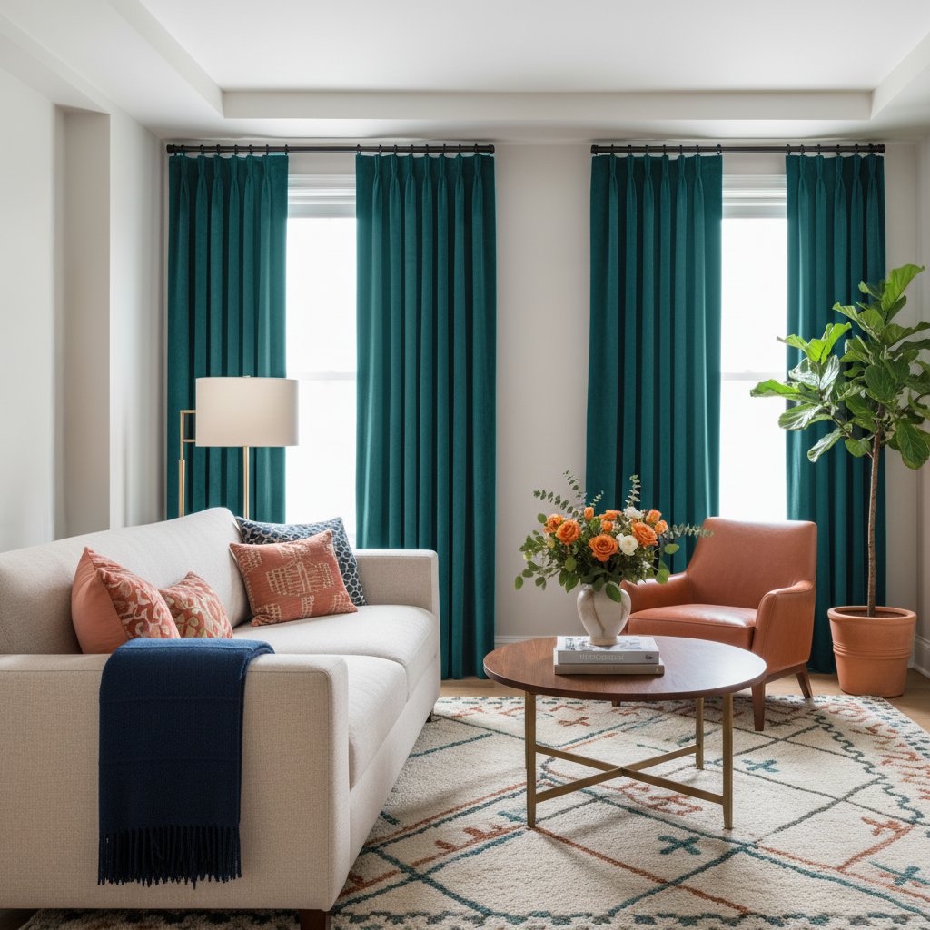 Teal Velvet Pinch Pleat Blackout Curtains in a Living Room with White Walls