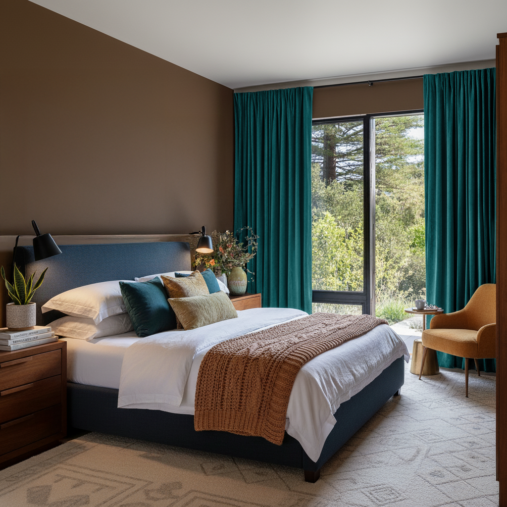 Teal Velvet Rod Pocket Blackout Curtains in a Bedroom with Brown Walls