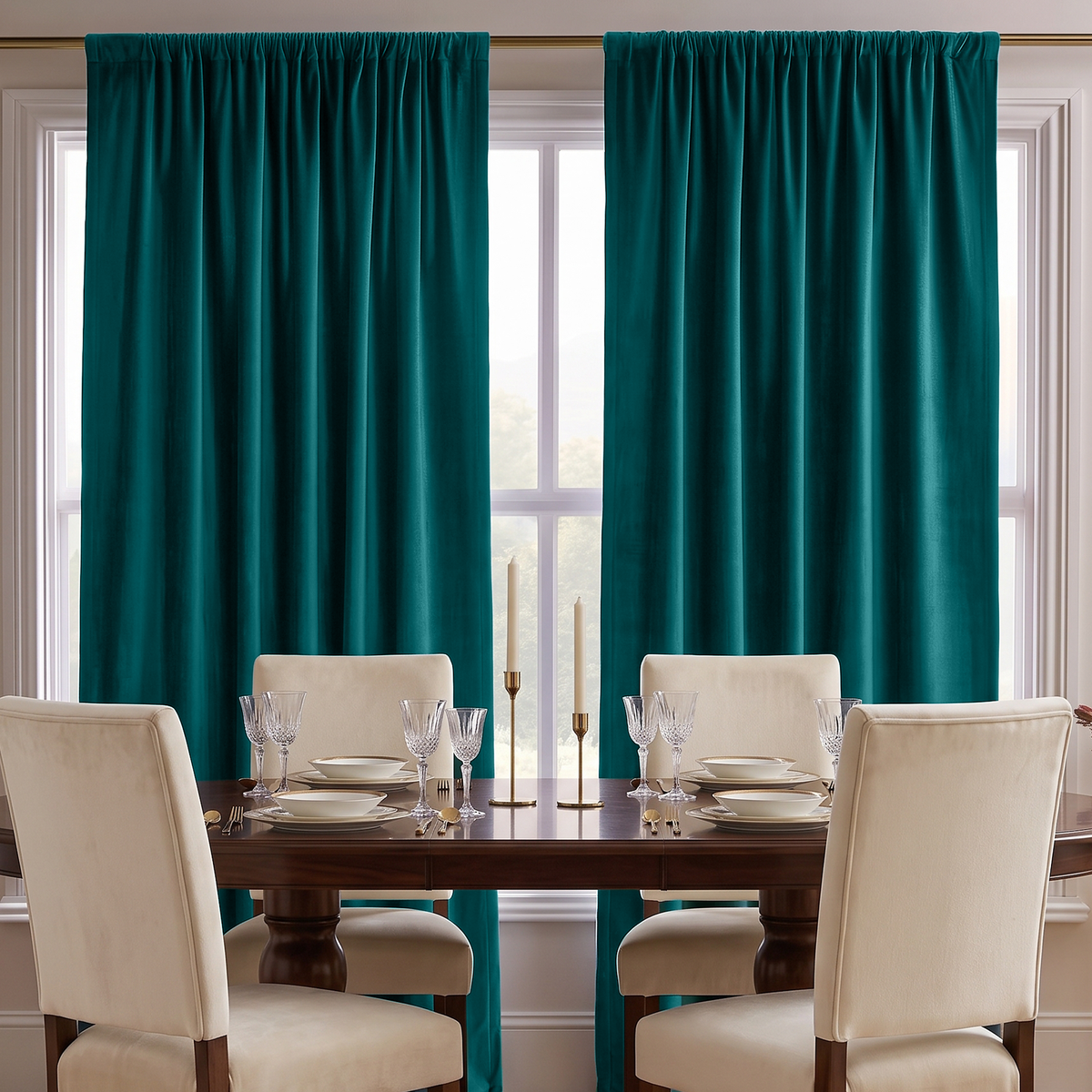 Teal Velvet Curtains in a Spacious Dining Room with White Walls and a Large Brown Table, Soft White Chairs