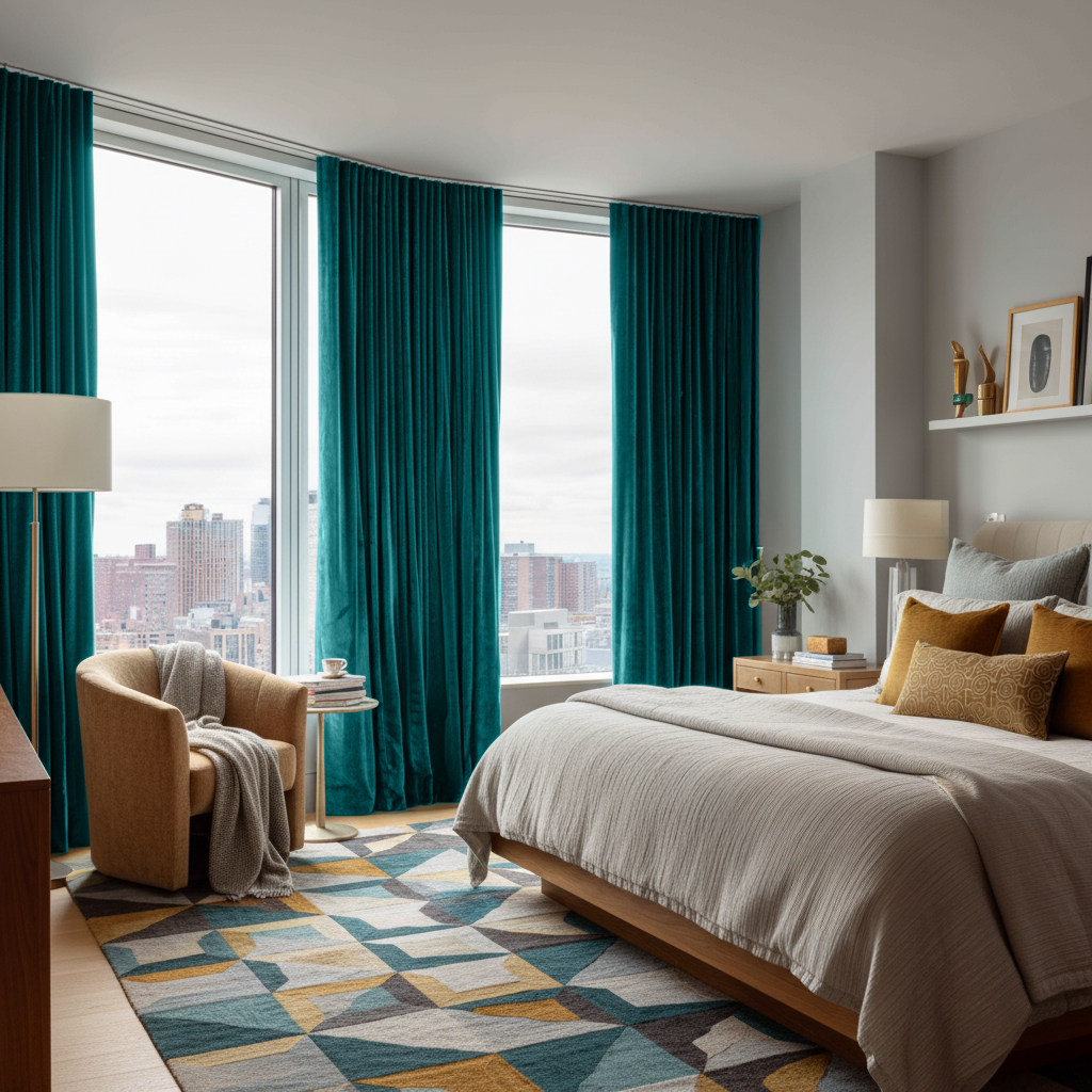 Teal Velvet S-Fold Blackout Curtains in a Bedroom with Grey Walls