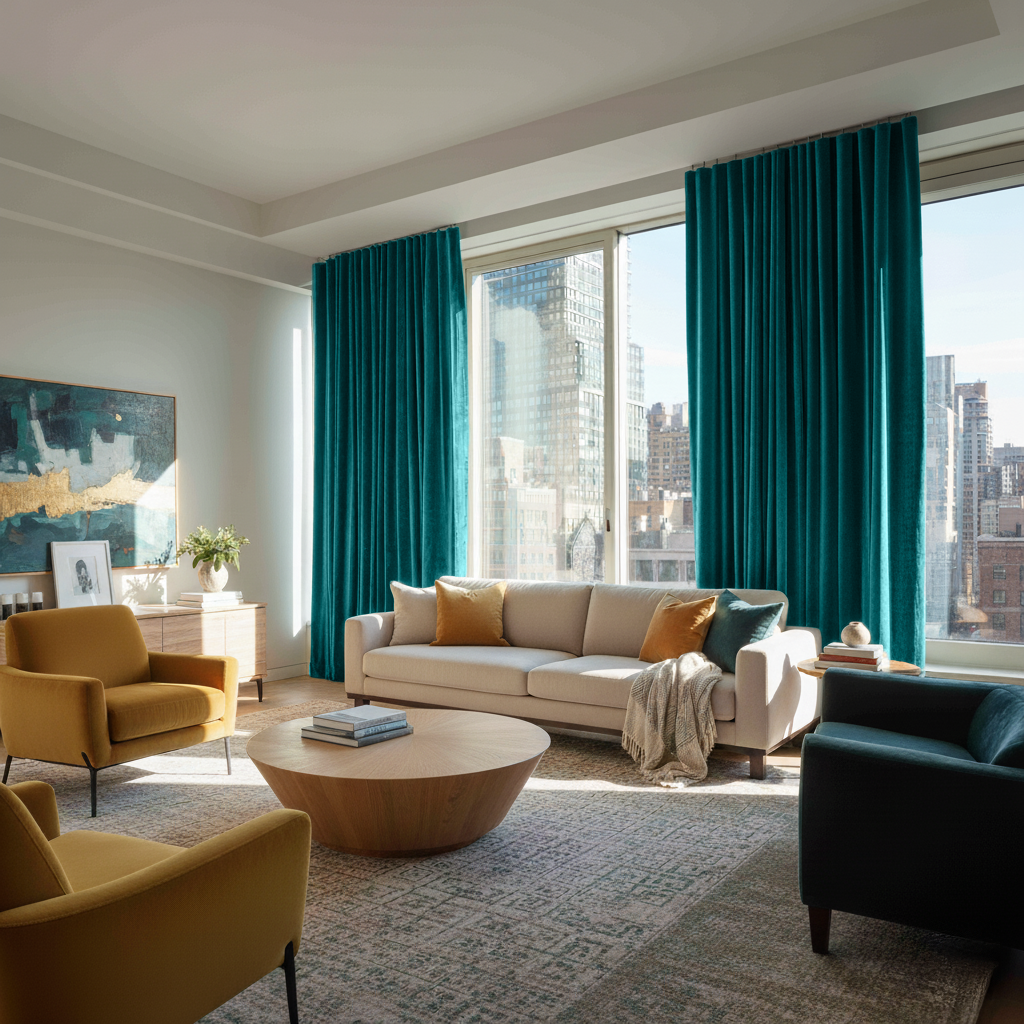 Teal Velvet S-Fold Blackout Curtains in a Living Room with White Walls
