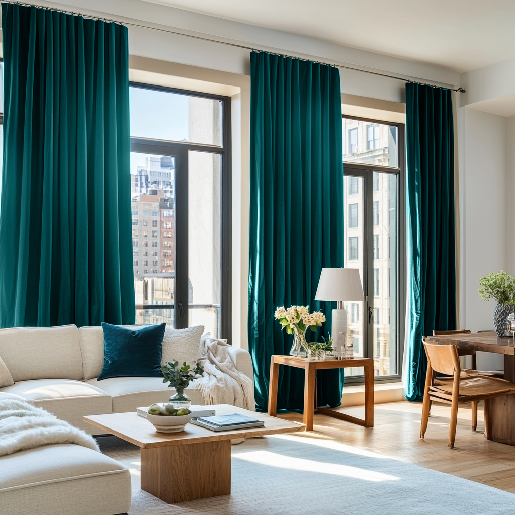 Teal Velvet Thermal Curtains with Multitape