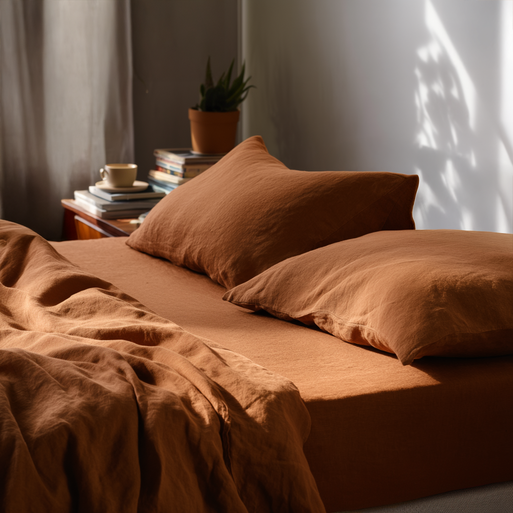 Terracotta Clay Washed Linen Heavyweight Extra Deep Pocket Fitted Sheet Set