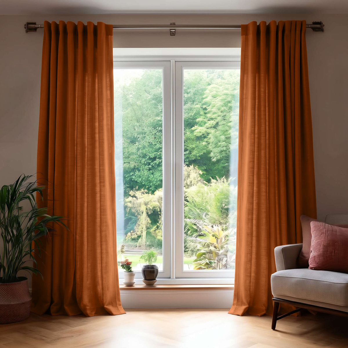 Terracotta Heavy Weight Linen Back Tab Extra Long Curtains in a Contemporary Living Room with Neutral Armchair