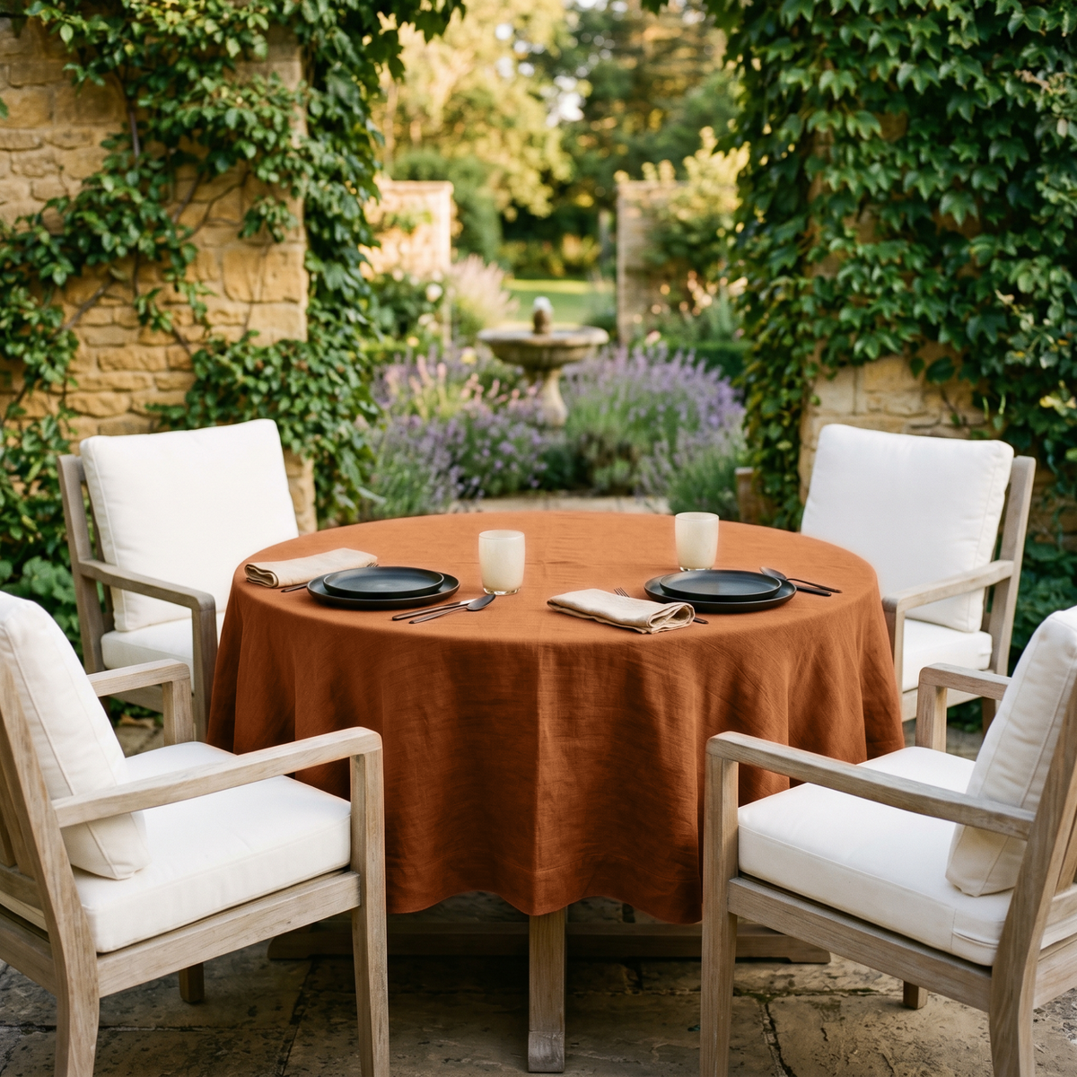 Terracotta Heavy Weight Linen 84 Inch Round Tablecloth in a Garden Patio Dining Space with Weathered Wood and White Cushions