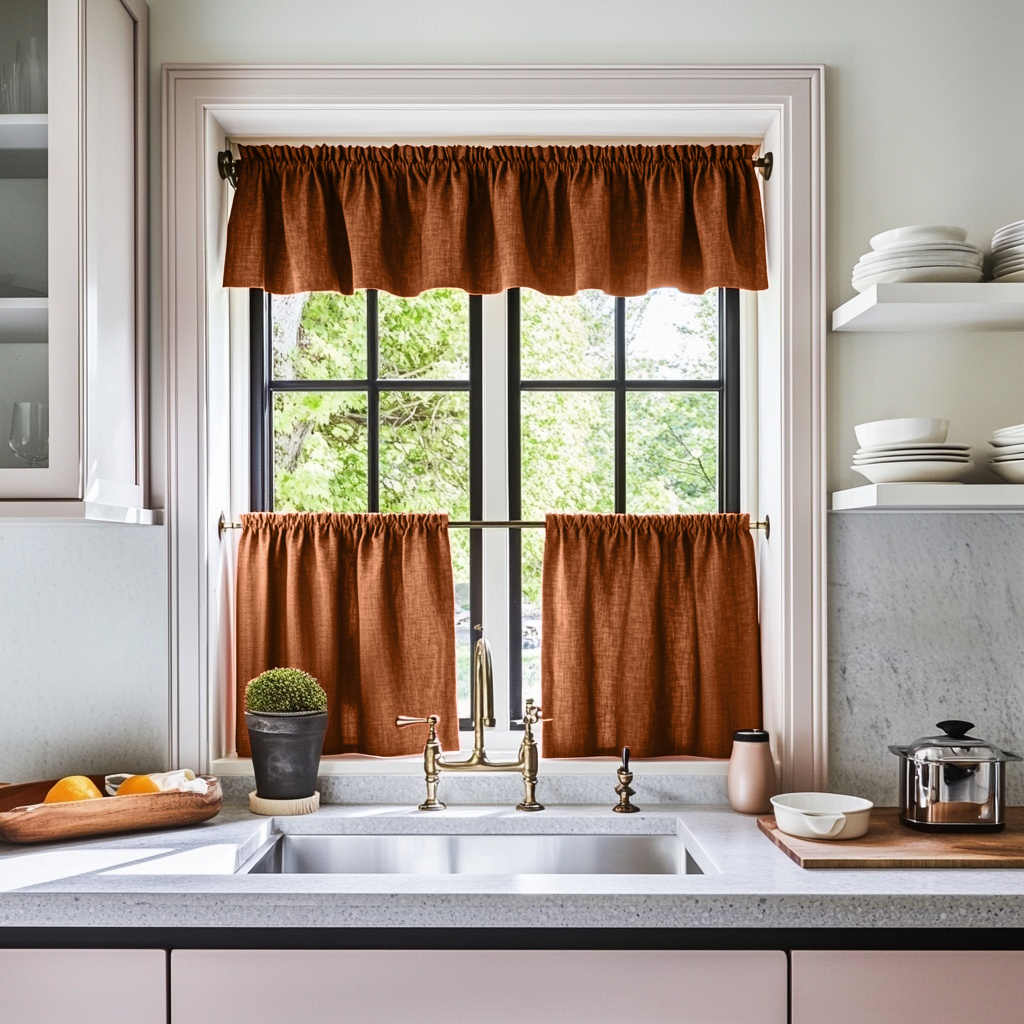 Terracotta Heavy Weight Linen Cafe Curtains Valance Set