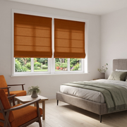 Terracotta Heavy Weight Linen Cordless Roman Shades in a Modern Bedroom with Off-White Walls and Terracotta Armchairs
