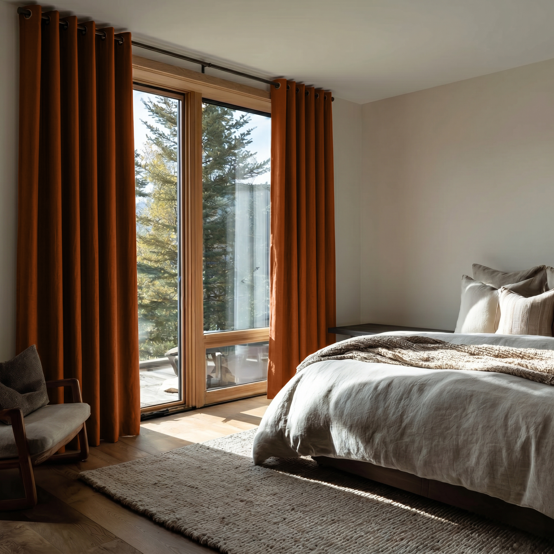 Terracotta Heavy Weight Linen Grommet Curtains in a Serene Mountain Bedroom With Light Beige Walls and Natural Wood Tones - Blackout Lining