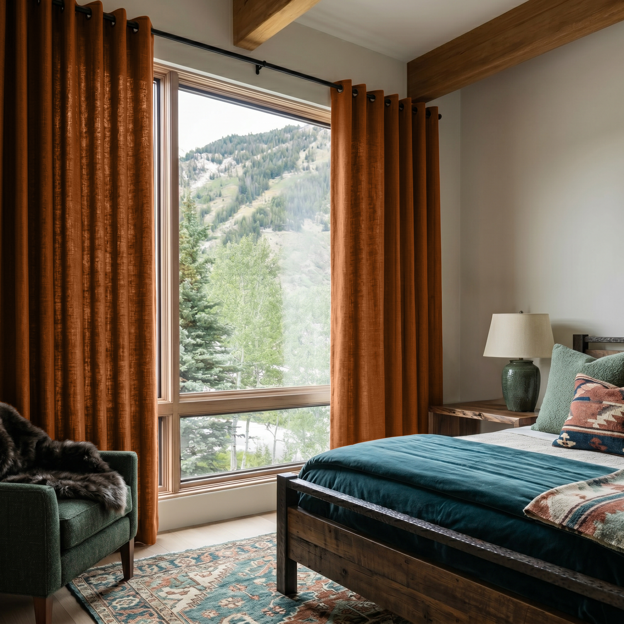 Terracotta Heavy Weight Linen Grommet Curtains in a Rustic Mountain Bedroom With Warm Taupe Walls and Teal Bedding - Cotton Lining