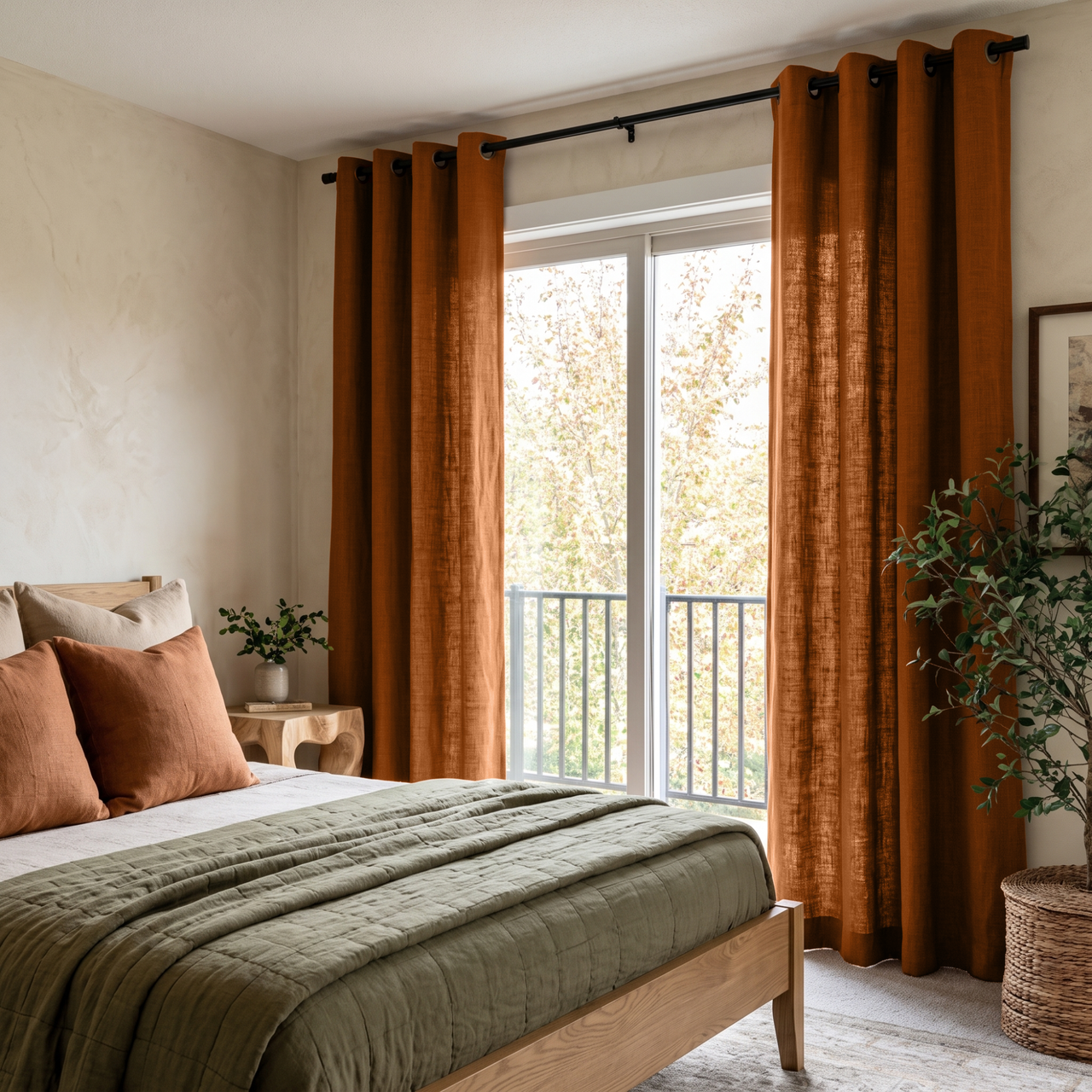 Terracotta Heavy Weight Linen Grommet Curtains for Sliding Door in a Cozy Bedroom with Cream Walls, Black Rod, and Sage Green Bedding
@Heading: Grommets