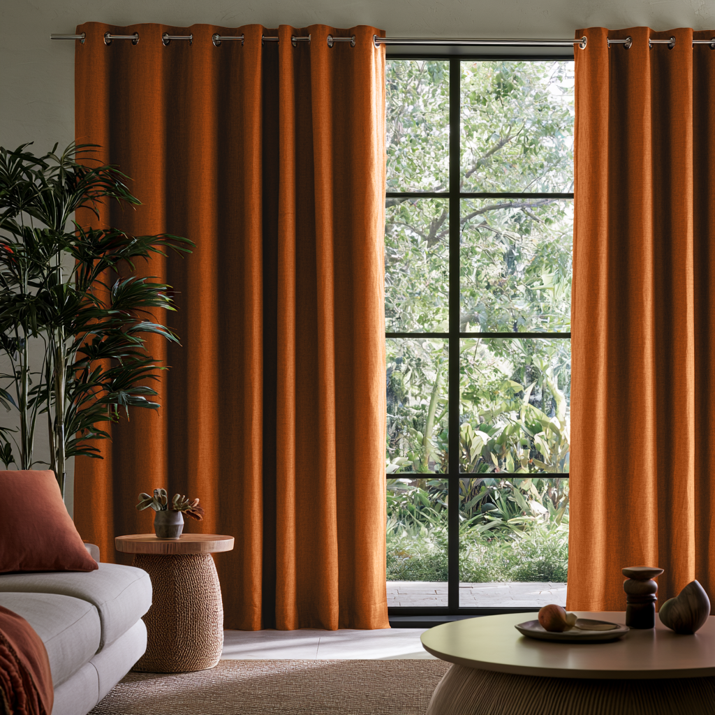 Terracotta Heavy Weight Linen Grommet Extra Long Curtains in a Modern Organic Living Room with Black-Framed Windows and Natural Textures