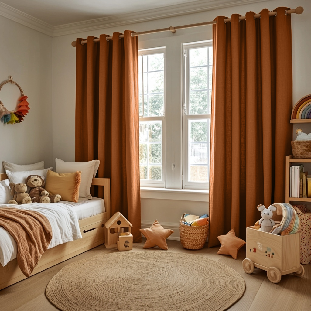 Terracotta Heavy Weight Linen Grommet Kids Room Curtains - Cotton Lining