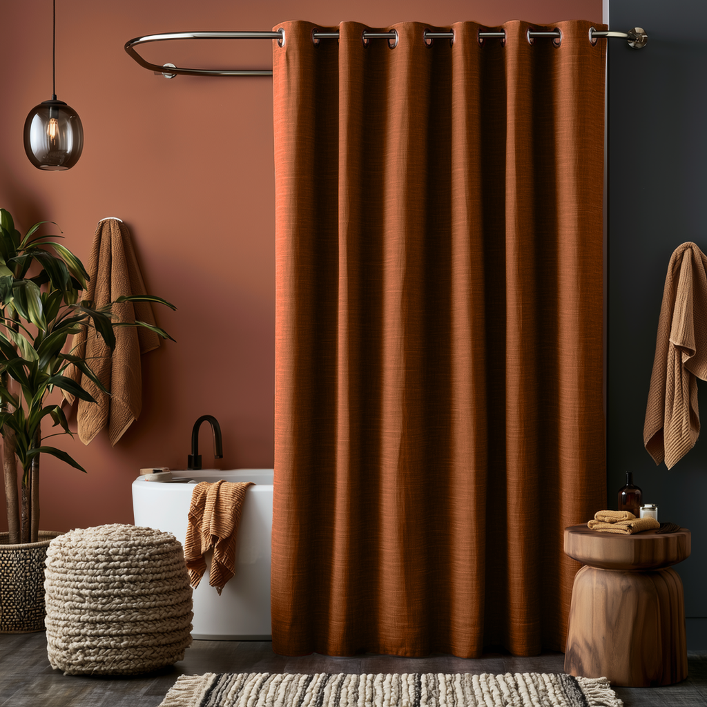 Terracotta Heavy Weight Linen Hookless Weighted Shower Curtain in a Softly Lit Luxury Bathroom