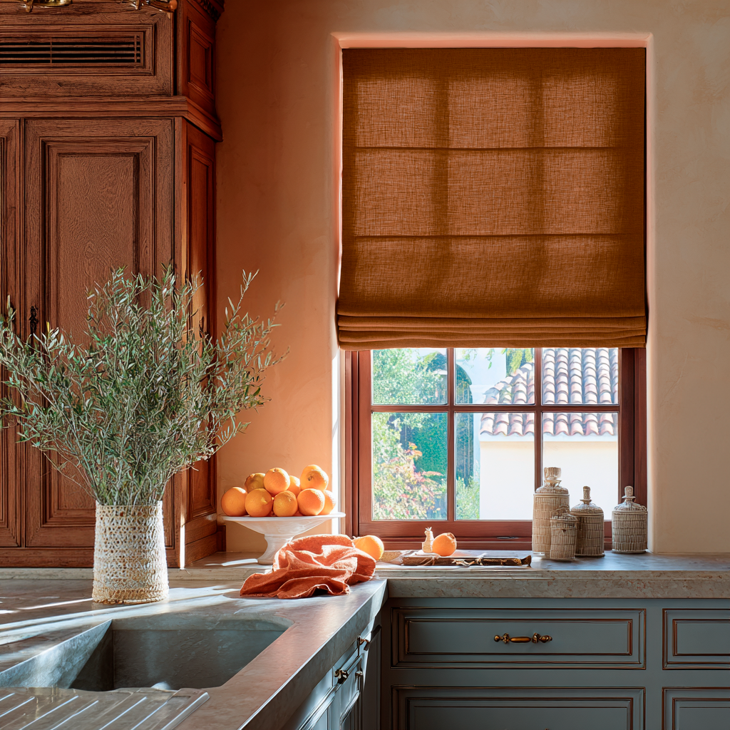 Terracotta Heavy Weight Linen Roman Shades in a Mediterranean Kitchen with Plaster Walls - Cotton Lining
