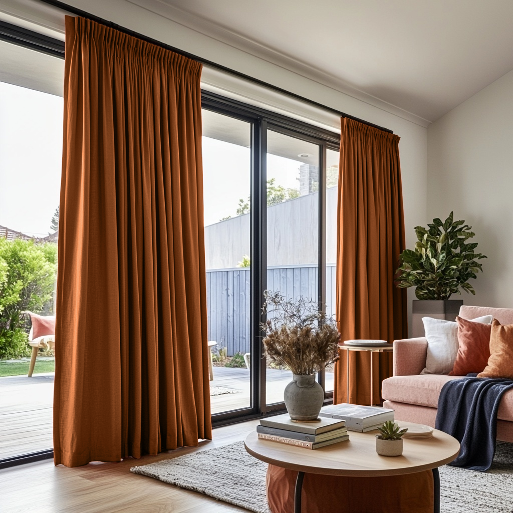 Terracotta Heavy Weight Linen Pencil Pleat Curtains for Sliding Door in a Modern Living Room with Black-Framed Doors, Light Wood, and Garden View - Cotton Lining
@Heading: Pencil Pleat