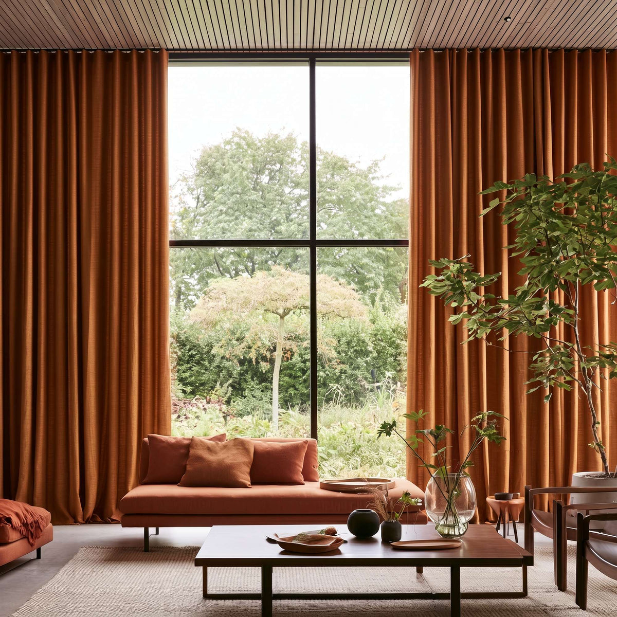 Terracotta Heavy Weight Linen S-Fold Extra Long Curtains in a Mid-Century Modern Living Room with Floor-to-Ceiling Windows and Garden Views