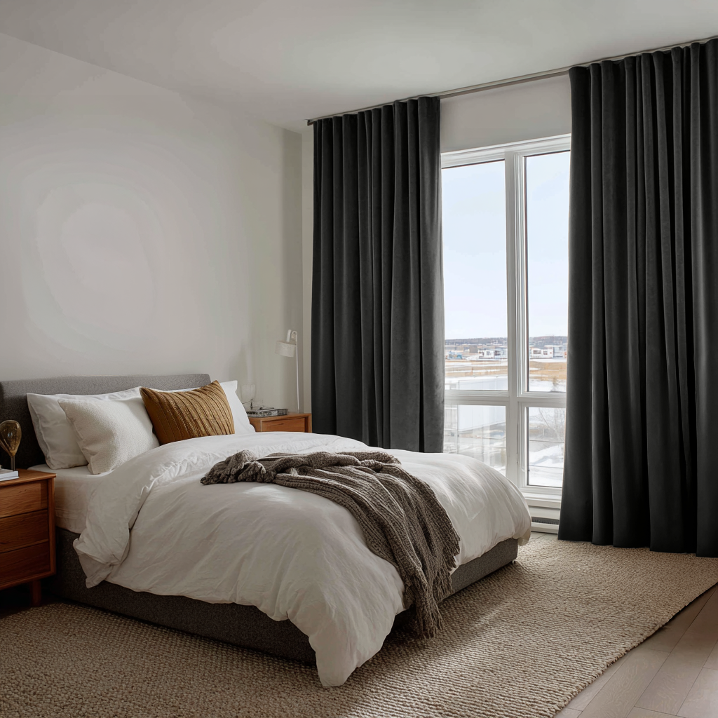 Dark Grey Velvet Back Tab Curtains in a Contemporary Bedroom with White Bedding and a City View