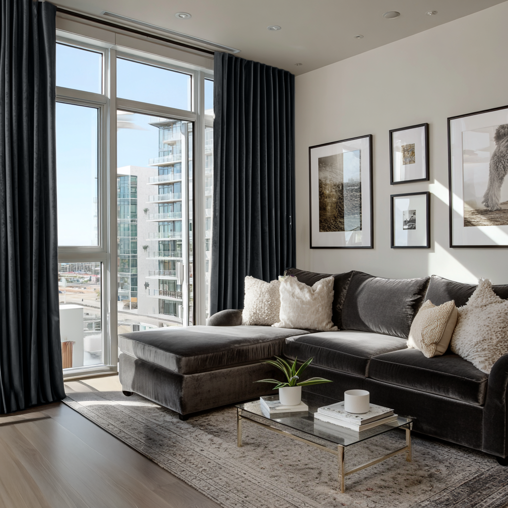 Steel Black Velvet Back Tab Curtains in a Contemporary High-Rise Living Room with a Velvet Sectional and City Views