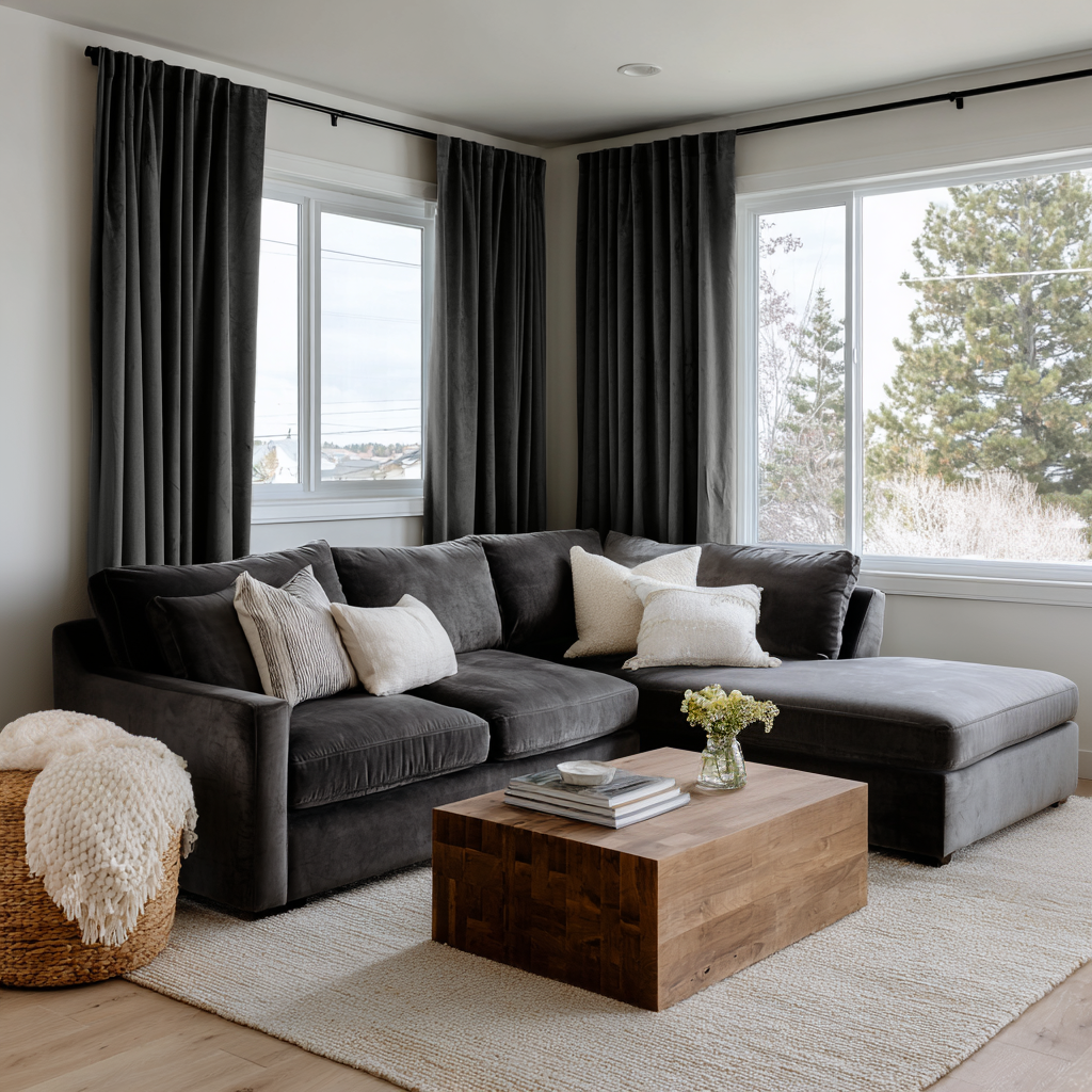 Dark Grey Velvet Back Tab Curtains in a Modern Living Room with a Sectional Sofa and Corner Windows