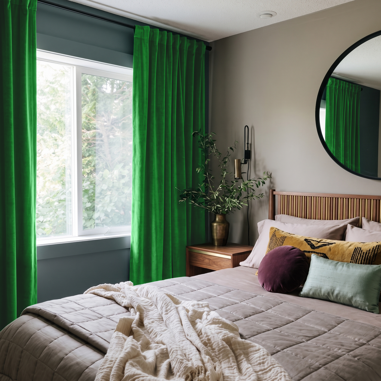 Lime Green Velvet Back Tab Curtains in a Moody Bedroom with Teal Walls and Gray Bedding