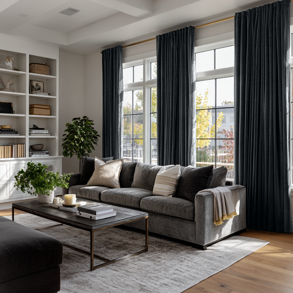 Steel Black Velvet Back Tab Curtains in a Transitional Living Room with Built-In Shelving and Natural Greenery