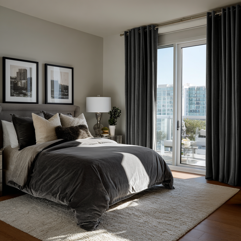 Dark Grey Velvet Grommet Curtains in a Contemporary Bedroom with City Views