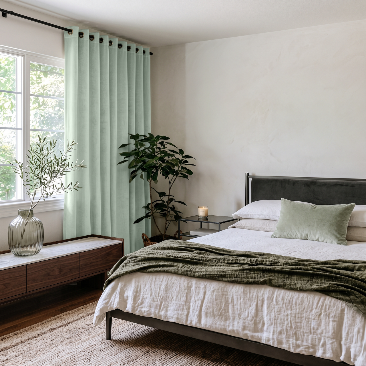 Mint Green Velvet Grommet Curtains in a Modern Bedroom with a Charcoal Headboard and Olive Green Bedding