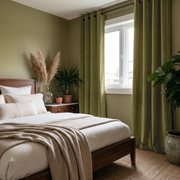 Moss Green Velvet Grommet Curtains in a Cozy Bedroom with Olive Walls and White Bedding