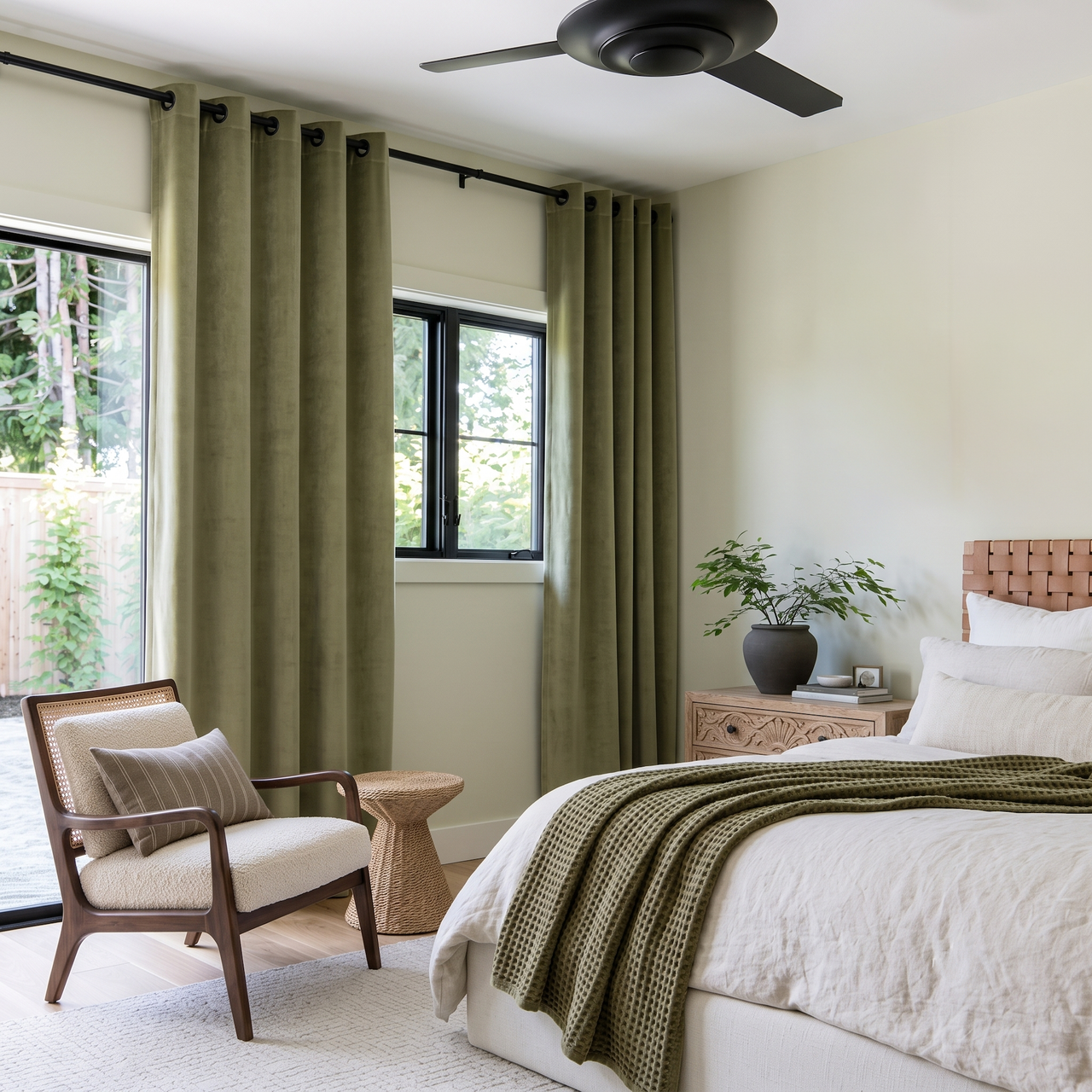 Olive Green Velvet Grommet Curtains in a Modern Bedroom with Light Cream Walls