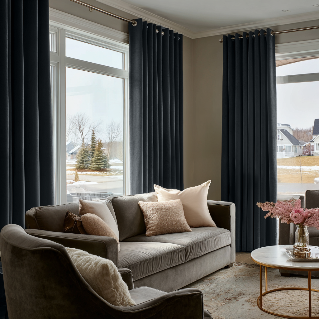 Steel Black Velvet Grommet Curtains in a Contemporary Living Room with Taupe Seating