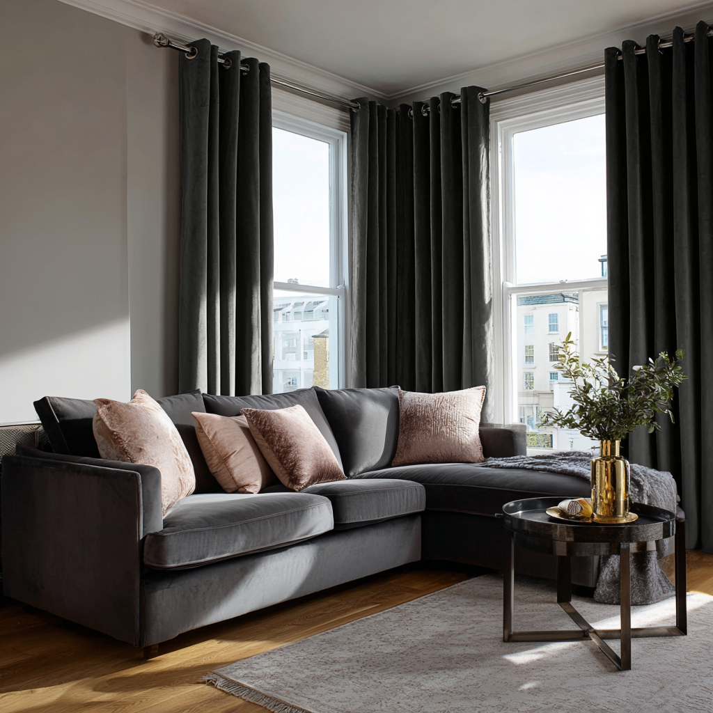 Dark Grey Velvet Grommet Curtains in a Cozy Living Room with a Corner Sofa