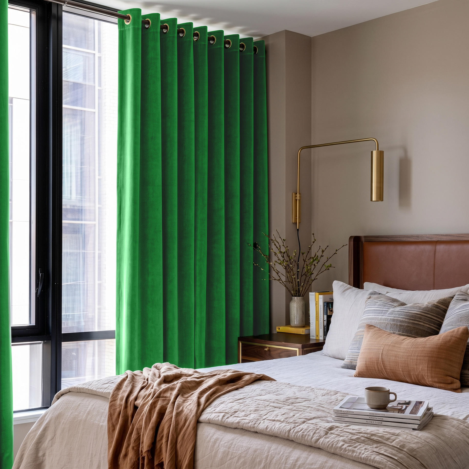 Lime Green Velvet Grommet Curtains in a Modern Bedroom with Taupe Walls and a Caramel Headboard