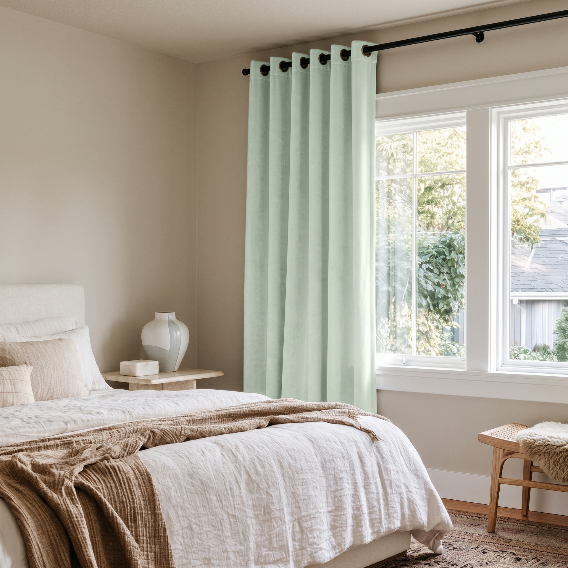 Mint Green Velvet Grommet Curtains in a Minimal Bedroom with White Bedding and a Cane Bench