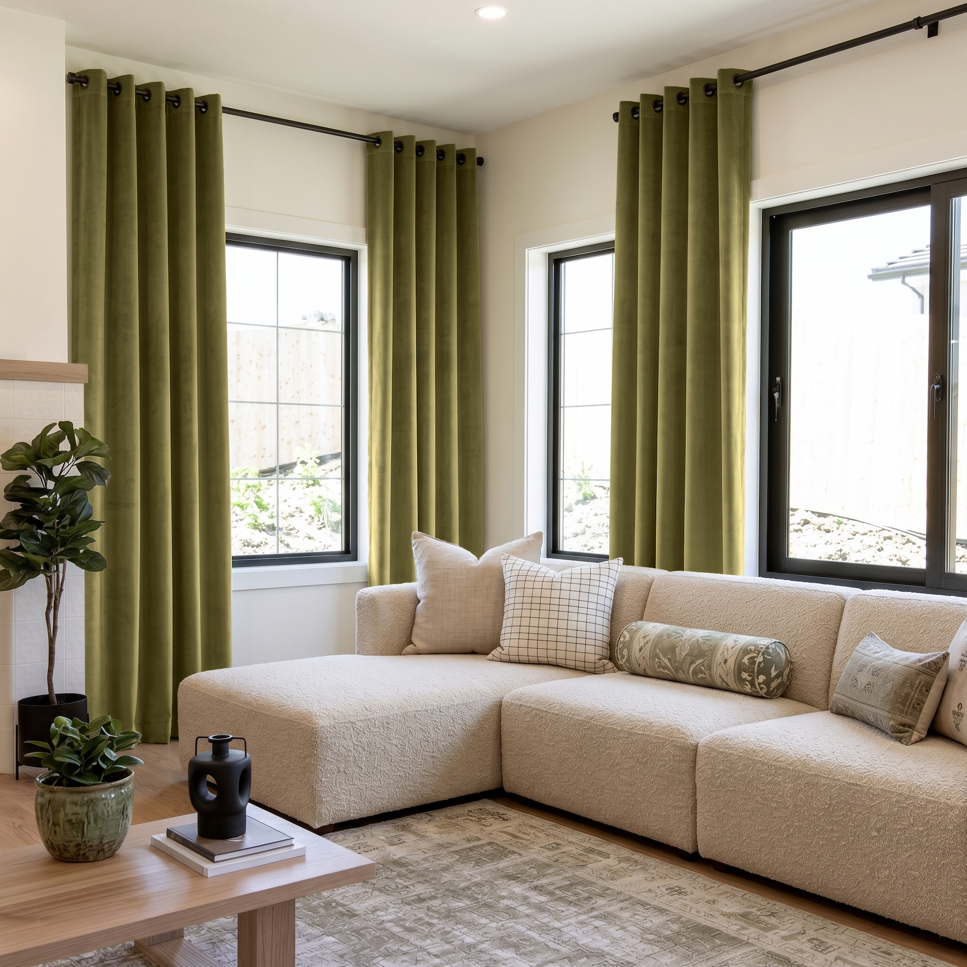Moss Green Velvet Grommet Curtains in a Contemporary Living Room with Cream Walls and a White Sectional Sofa