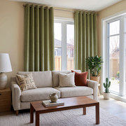 Olive Green Velvet Grommet Curtains in a Bright Living Room with Warm Beige Walls