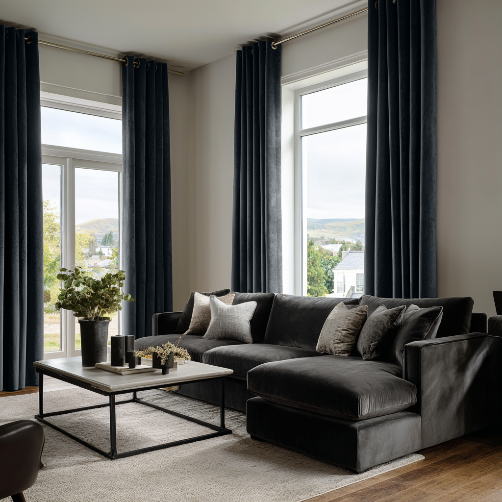 Steel Black Velvet Grommet Curtains in a Modern Living Room with a Charcoal Sectional Sofa
