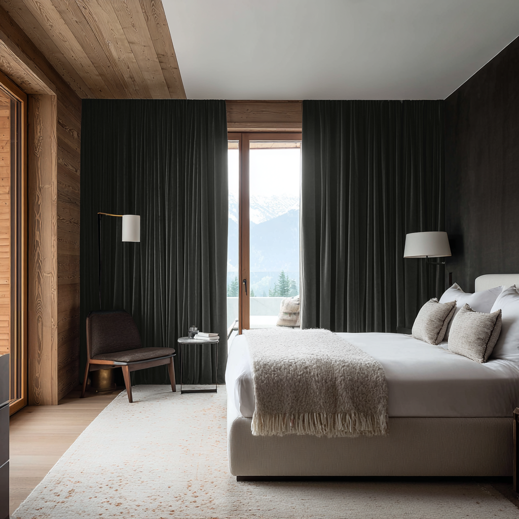 Dark Grey Velvet Multitape Soundproof Curtains in a Rustic Modern Bedroom with Wood-Paneled Walls